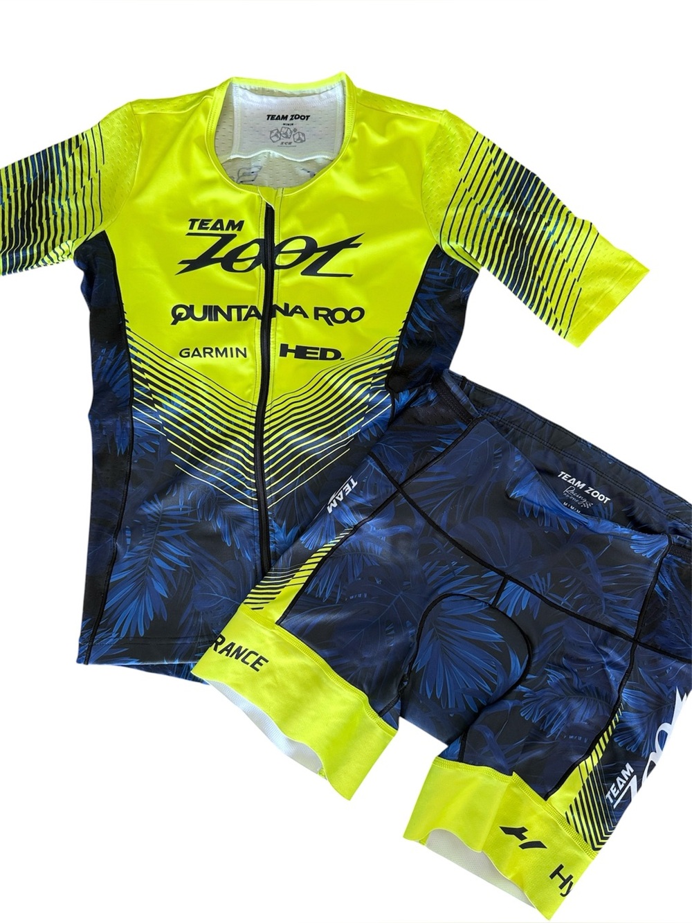 TEAM ZOOT WOMEN’S LTD TRIATHLON AERO JERSEY AND SHORTS NAVY & YELLOW FLORAL LG